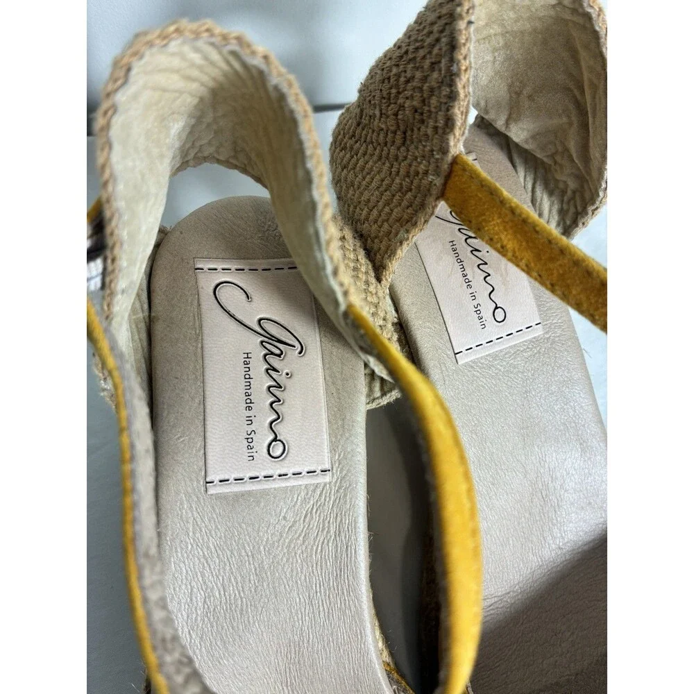 Gaimo Wedge Sandal Sz 9 Yellow Suede Espadrille Handmade In Spain Round toe Rope